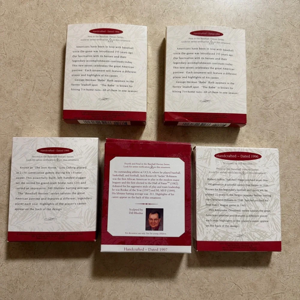 Hallmark Keepsake Baseball Heroes Ornament Lot 5 Babe Ruth Gehrig Robinson Paige